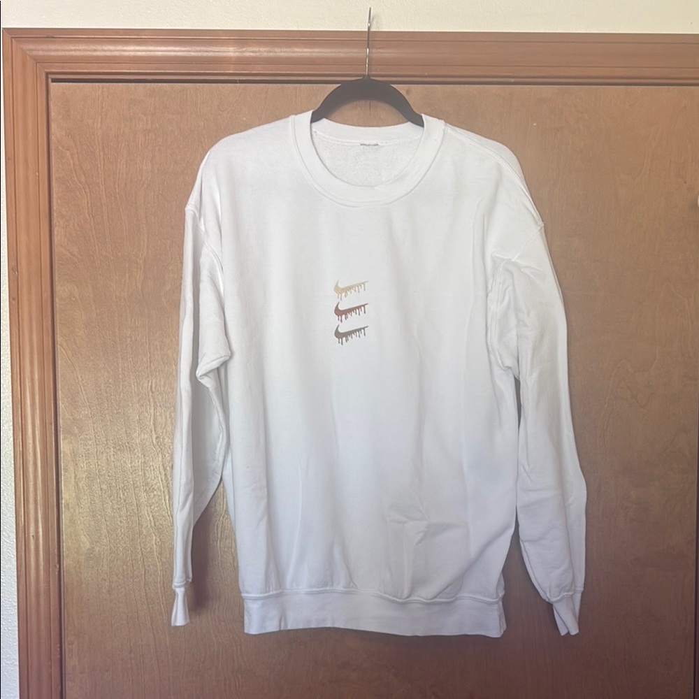Nike White Sweatshirt with Gold and Brown Drip Logo